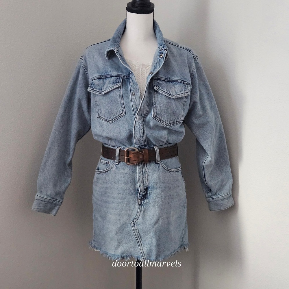 Pistola Nina Denim Mini Shirt Dress Long Sleeve Raw Hem Acid Wash 100% Cotton S
